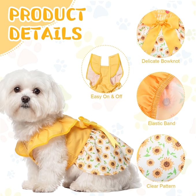 Abbylike 5 Pcs Dog Dresses for Medium Dog Girl, Yellow Summer Puppy Clothes | Floral Daisy Princess Bowknot Plaid, Cute Breathable Soft Dog Skirts Outfits, for Small Medium Pets Cats Female