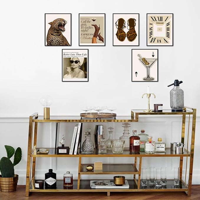 Mynotix Vintage Leopard Poster Set of 6, Trendy Cheetah Y2K Wall Art, Fashion Martini Wall Decor Preppy Girl Canvas Paintings Prints Artwork for Living Room Bedroom Dorm 8x10 inch Unframed