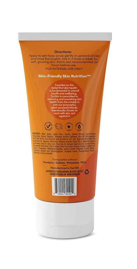 TruSkin Vitamin C Face Scrub & Face Exfoliator - Brightening Facial Scrub with Bora Bora White Sand & Yuzu Lemon - Smooths Texture and Reveals Softer-Looking Skin, 4 fl oz