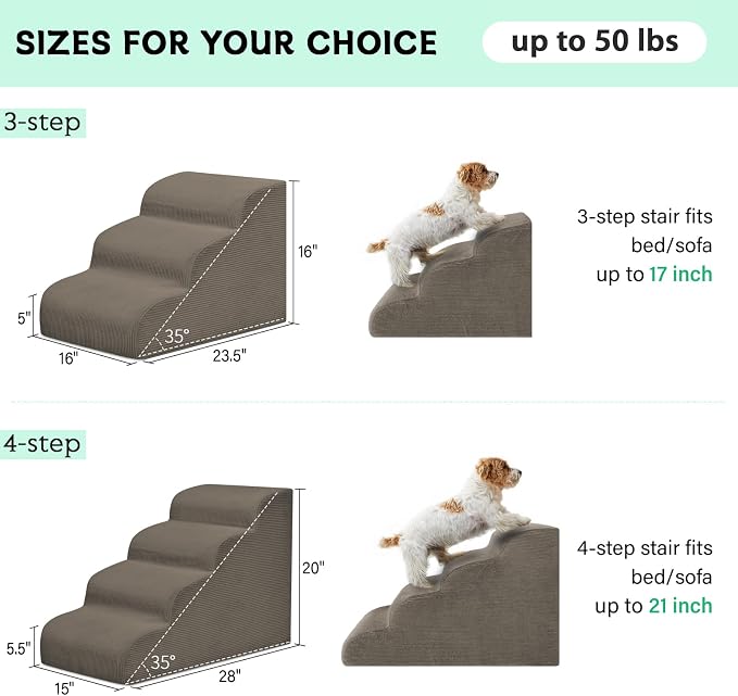 Mesa Lemon 4 Step Dog Stairs Pet Ramp for High Beds, Sofas and Cars | High Density Foam, Non-Slip Bottom, Removable Washable Cover, Portable Handle, Holds Up to 50 lbs, 20 Inch Height