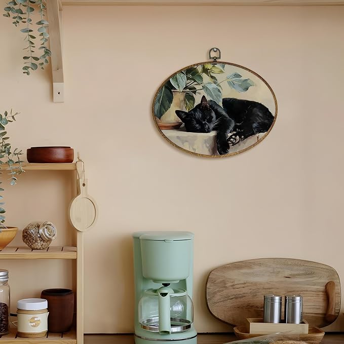 LKETW Vintage Black Cat Sleeping Oval Wall Art Decor, Black Cat Gifts for Women Oval Canvas Hanging Decor, Cottagecore Farmhouse Kitty Wall Decorations for Home Bedroom Living Room, 8.6x11.4 Inch