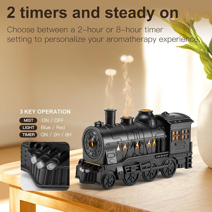 Essential Oil Diffuser Train Diffuser 300ml, Train Humidifier, Aromatherapy Diffuser Cool Mist Aromatherapy with 2 Light 2 Mist Mode Auto Shut-Off, Remote Included for Office Baby Home (Black)