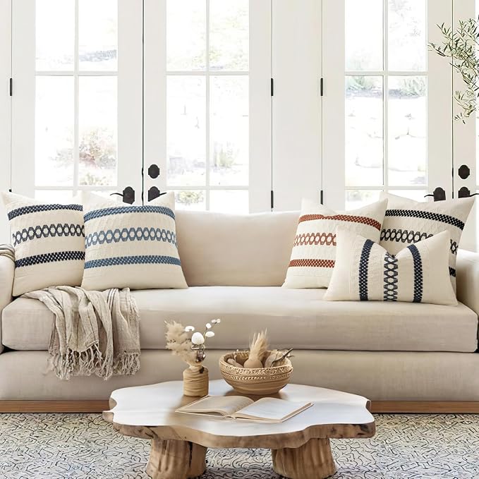 MIULEE Set of 2 Navy Blue Boho Decorative Pillow Covers 18x18 Inch | Farmhouse Couch Throw Pillows, Modern Coastal, Cotton Cushion Covers, Macrame Woven Home Decor for Bed Sofa Chair