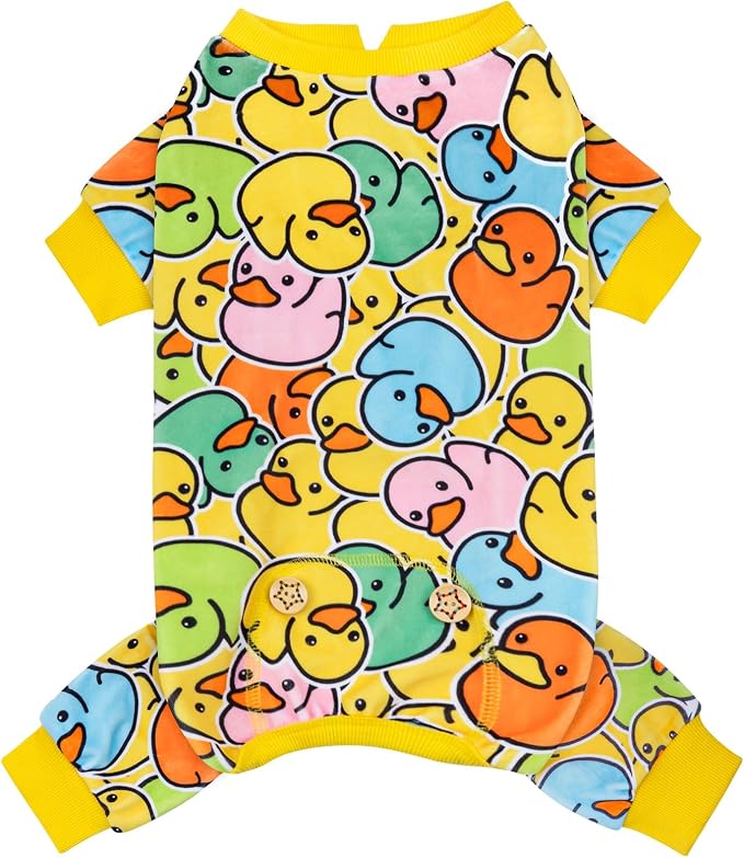 KYEESE Velvet Dog Pajamas for Small Dogs Soft Onesie Shirt, Colorful Duck | 4-Way Stretch, Lightweight & Breathable, Reduces Shedding, Gentle on Sensitive Skin, Recovery Support, Easy Potty Breaks