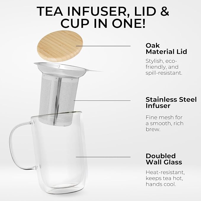 Tealyra - Venus - Tea Cup Infuser - 16-ounce - Double Wall Glass Mug with Lid and Stainless Steel Basket - Perfect Loose Leaf Tea Steeping - 480ml