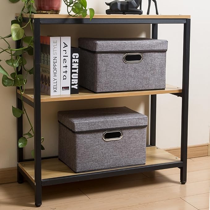 Foldable Storage Boxes with Lids [1-Pack] Linen Fabric Collapsible Storage Bins Organizer Containers Baskets Cube with Cover for Home Bedroom Closet Office Nursery (14.9x9.8x9.8)