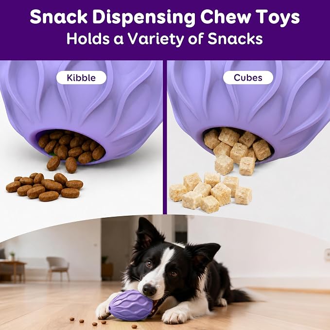 Interactive Treat Dispensing Dog Toy, Natural Rubber Chew Toy for Aggressive Chewers, Stuffable Treat Toy for Large & Medium Dogs, Mental Stimulation for Dogs, Boredom Relief, Purple