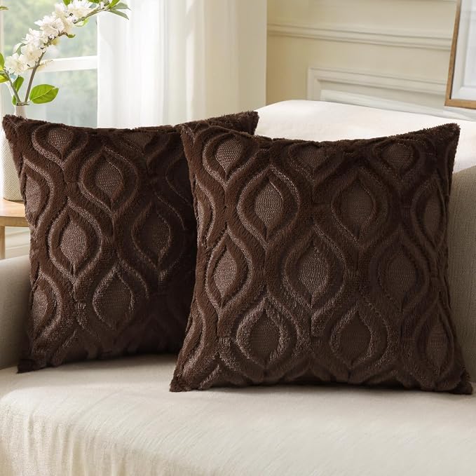 decorUhome Faux Fur Soft Dark Brown Throw Pillow Covers 18x18 Set of 2 | Plush Solid Fall Couch Pillow Covers, Accent Modern Farmhouse Neutral Decorative Square Pillow Cases for Sofa Bed Living Room