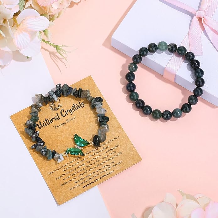 DUQGUHO 2Pcs Butterfly Bracelets for Women Healing Crystals Bracelets for Women Natural Gemstone Bead Bracelet Cute Butterfly Charm Bracelet Stretch 8mm Crystal Jewelry Gifts for Women