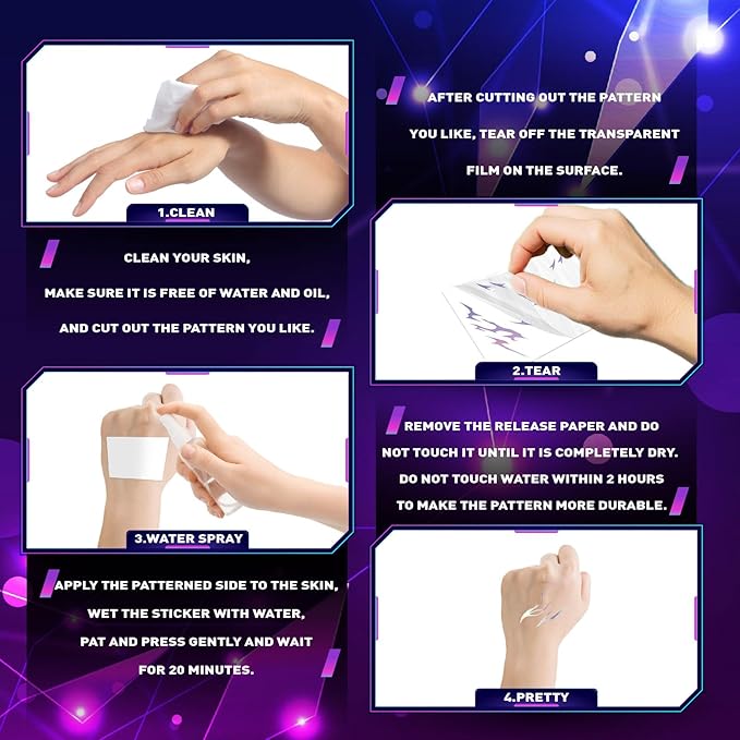 Iridescent Metallic Kpop Temporary Tattoos Adults, Waterproof Gothic Party Favors for Halloween Birthday Christmas Gifts, Cosplay Body Face Tattoo Stickers Costume Accessories Set