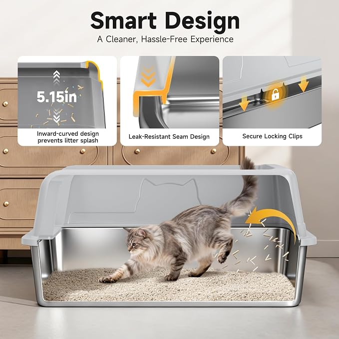 High-Sided Stainless Steel XL Cat Litter Box for Cats | High-Sided Design Prevents Urine Leakage,Non-Stick,Easy to Clean,Includes Scoop,Gray