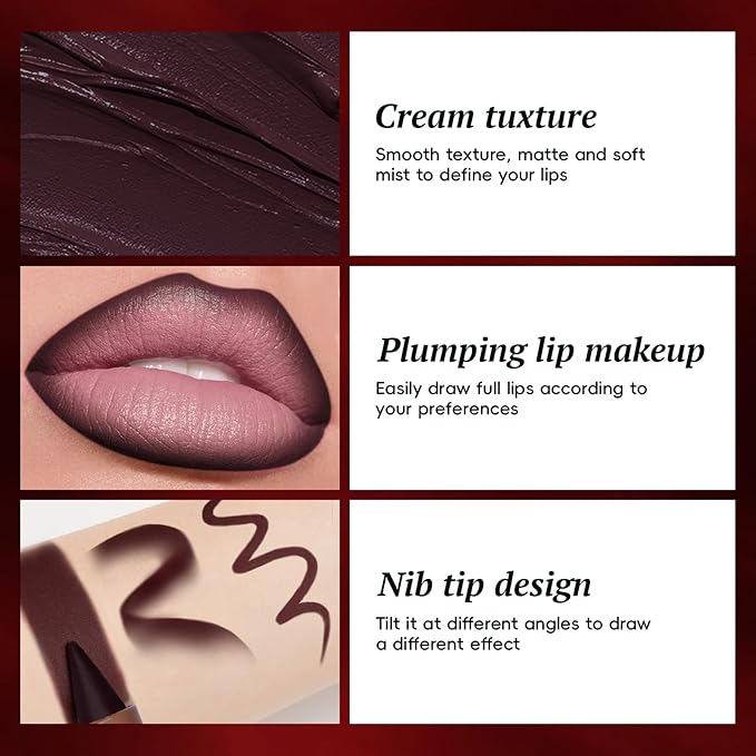 Lip Liner Gloss Set, Dark Purple Plumping Lip Liner Lip Pencil Moisturizing Lightweight Lip Gloss Lip Combo, High Shine Glossy Lip Tint Lip Stain Makeup Long Lasting Lip Contour for Women