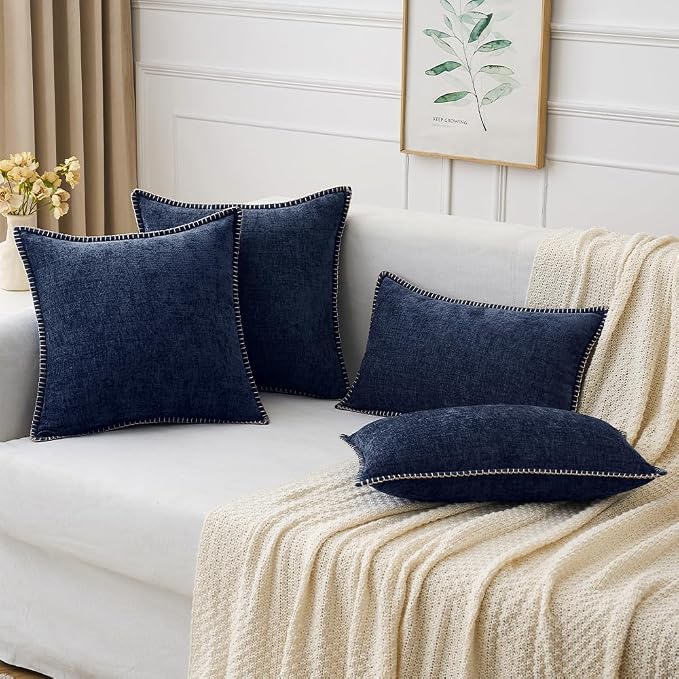 MIULEE Decorative Lumbar Throw Pillow Covers 12x20 Inch Navy Blue 2 Pack | Farmhouse Pillow Covers with Stitched Edge, Soft Chenille Cushion Cases, for Couch Sofa Bed Living Room Home Decor