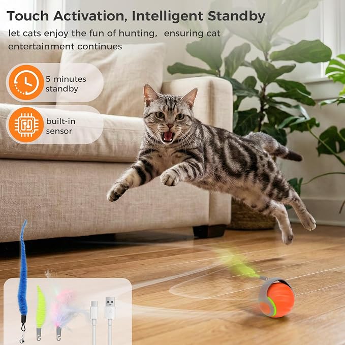 Automatic Interactive Cat Toy Ball with 3 Tails，Rechargeable Moving Cat Toy for Indoor Cats，Cat Toys Balls for Indoor Cats|Fun Interactive Cat Toys & Perfect Cat Gifts，cat ChaCe Toy，Motion Activated