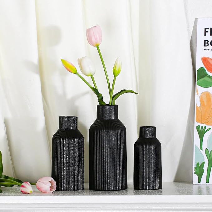 Bohemian Black Ceramic Vase - for Pampas Grass, Mantel, Bookshelf, Entryway and Living Room Decor (Black, 7in)