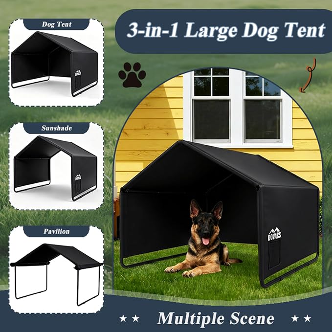 3 in 1 Extra Large Dog House Outdoor,Dog Shade with Roller Shutters and Removable Rear Door，Outside Sun Rain Canopy Pet House for Pet Cat Chicken Livestock 4'x 4'x 3.3' (Black)