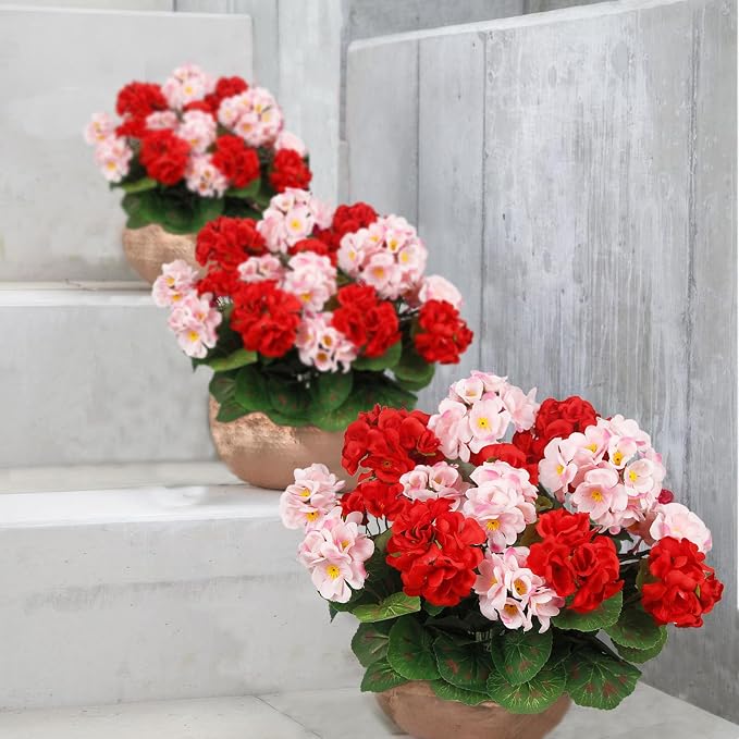 CISDUEO 4 Pcs Artificial Geranium Outdoors Silk Flowers Outside Red Pink | UV Resistant Fake Geraniums Bush Faux Flowers for Planter Outdoor Decor Indoor Garden Patio Table Centerpiece