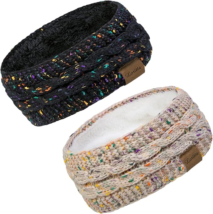 Loritta 2 Pack Headbands for Women Winter Warm Cable Knit Ear Warmer Thick Head Wrap Fuzzy Fleece Lined Gifts