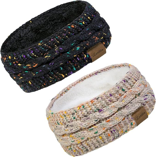 Loritta 2 Pack Headbands for Women Winter Warm Cable Knit Ear Warmer Thick Head Wrap Fuzzy Fleece Lined Gifts