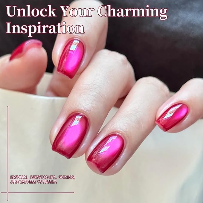 Born Pretty Pink Cat Magnetic Eye Gel Nail Polish 15ML,Spring Summer Hot Pink Jelly Glass Crystal Glitter Shimmer Translucent Gel Polish with Magnet,Soak Off U V Gels for Women Girl