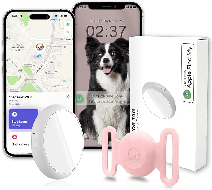 GPS Tracker for Dogs, Mini GPS Cat Tracker, IPX8 Waterproof GPS Trackers for Cats with Holder, No Monthly Fee, Work with Apple Find My(iOS Only), Smart Trackers for Dogs-Pink