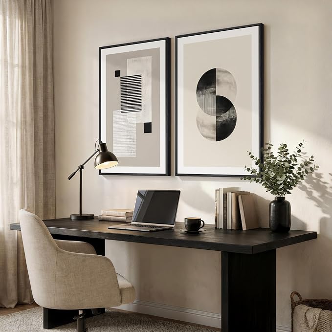 Large Framed Black and White Neutral Abstract Wall Art for Living Room, 2 Piece Modern Canvas Prints Artwork for Walls, Beige Minimalist Geometric Pictures for Bedroom Hallway Wall Decor 24x36 In