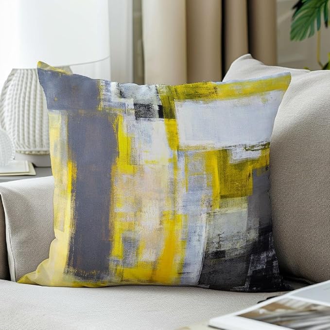 Yellow and Grey Abstract Art Artwork Pillow Cover, Gallery Modern Decorative Throw Pillows Cushion Cover for Bedroom Sofa Living Room 16 x 16 Inch Set of 2