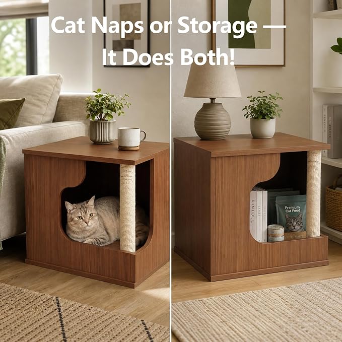Cat Side Table with Cat Scratching Posts,Cat House with Storage for Living Room | Multi‑Purpose Cat Hideaway Furniture with Sisal Scratching Post, Cat Cave Bed for Indoor Cats, Human‑Pet Shared Table