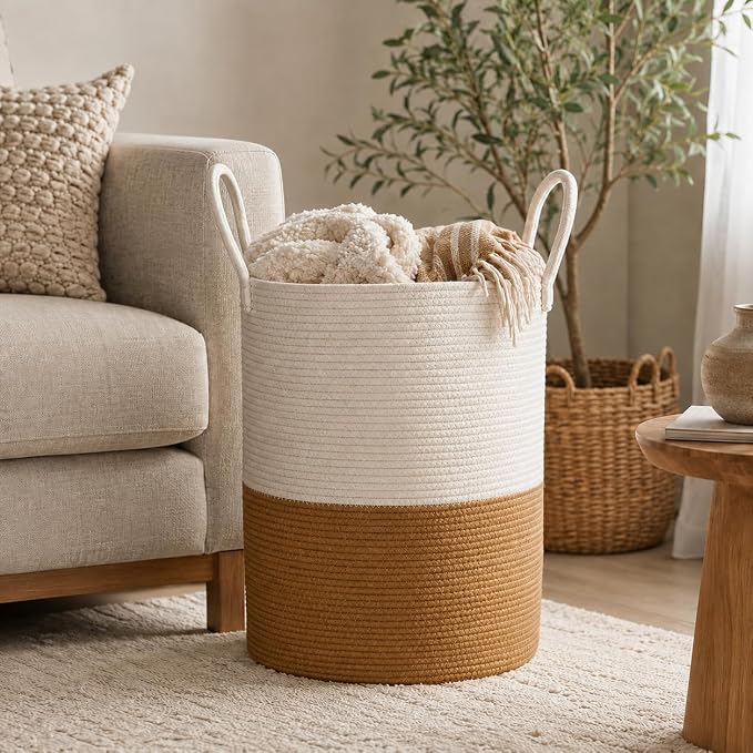 Baby Laundry Basket, Cotton Rope Nursery Hamper with Handles, Jute | Foldable decorative organizer for baby clothes, blankets and toys; tall shape saves space and suits nurseries or kids rooms.