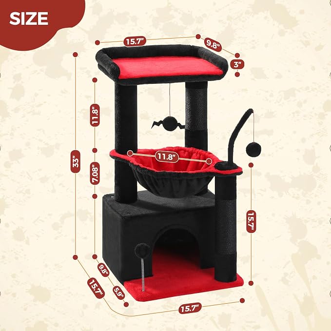 PEQULTI 4-in-1 Gothic Cat Tree for Kittens & Small Cats, 33in Black Tower | Compact 33in cat tower: deep hammock, cozy condo, top perch, sisal post; removable washable cover; wide base for small cats