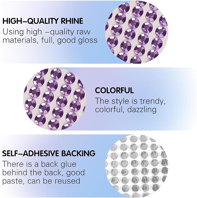 8 Sheets Rhinestone Stickers，3584 Pcs Gem Stickers for DIY Face Eyes Makeup Hair（Purple-3/4/5/6mm）