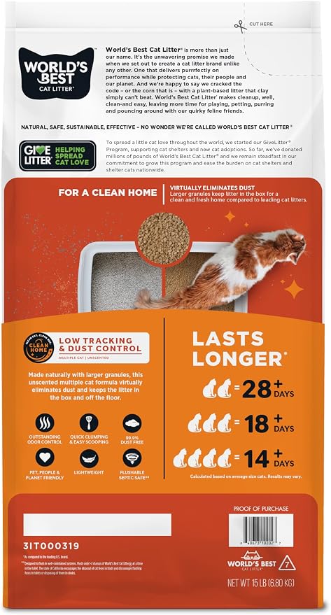 World's Best Cat Litter, Low Tracking & Dust Control, Unscented, 15 lb Bag
