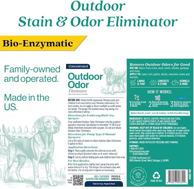 Eco Strong Outdoor Odor Eliminator Outside Dog Urine Enzyme Cleaner Powerful Pet, Cat, Animal Scent Deodorizer | Professional Strength for Yard, Turf, Kennels, Patios, Decks (128 OZ)