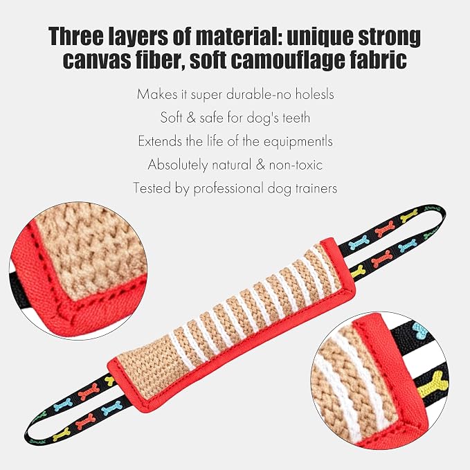 Tug Toy with 2 Strong Handles, Durable Pillow Pull Toy for Aggressive Chewers, Interactive Bite Training Tug of War Toy for Puppies and Medium to Large Dogs (Red-Rimmed Bone)