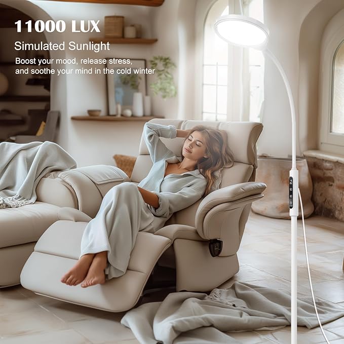 Light Therapy Lamp 11000 Lux, 3 in 1 UV-Free LED Sunlight Lamp with 9 Brightness Levels & 7 Color Temperatures, Height Adjustable Floor Light, Full Spectrum Happy Therapy lamp for Home Office Bedroom