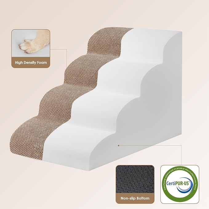 EHEYCIGA Curved Dog Stairs Ramp, 4-Step High Beds, 19.7" H Pet Step | 33D density of pure foam, for Small Dogs and Cats, Pet Stairs for High Bed Climbing, Non-Slip Balanced Indoor, Camel