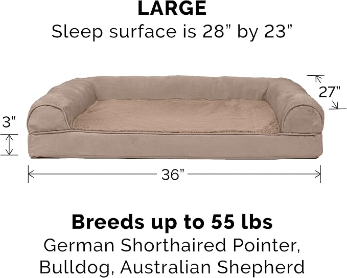 Furhaven Cooling Gel Dog Bed for Large/Medium Dogs w/ Removable Bolsters & Washable Cover, For Dogs Up to 55 lbs - Plush & Suede Sofa - Almondine, Large