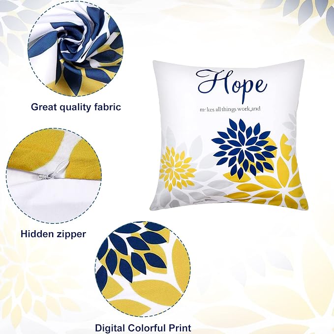 Tatuo 4 Pcs Flower Pillow Covers Square Summer Pillow Cushion Cases 18 x 18 Inch Family Faith Hope Love Words Decorative Spring Winter Cushion Case for Bed Couch Sofa Living Room(Yellow Series)