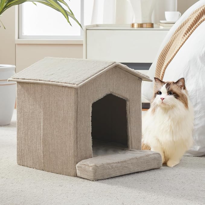 Cat Beds for Indoor Cats,Cat Houses,Cat Cave with Orthopedic Cushion,Foldable Cat Condos,Hideaway,Shelter,Beige Cat Tent for Small Dogs and Rabbit,Squirrel