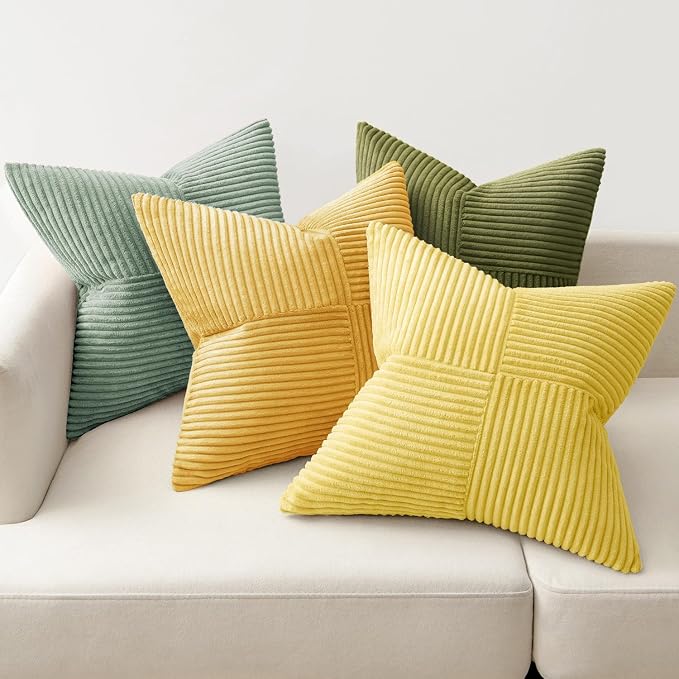 MIULEE Boho Farmhouse Spring Decorative Throw Pillow Covers 18x18 Inch 4 Packs Soft Vintage Pillow Cases Modern Corduroy Patchwork Cushion Covers for Couch Sofa Bed Summer Home Decor, Yellow Green