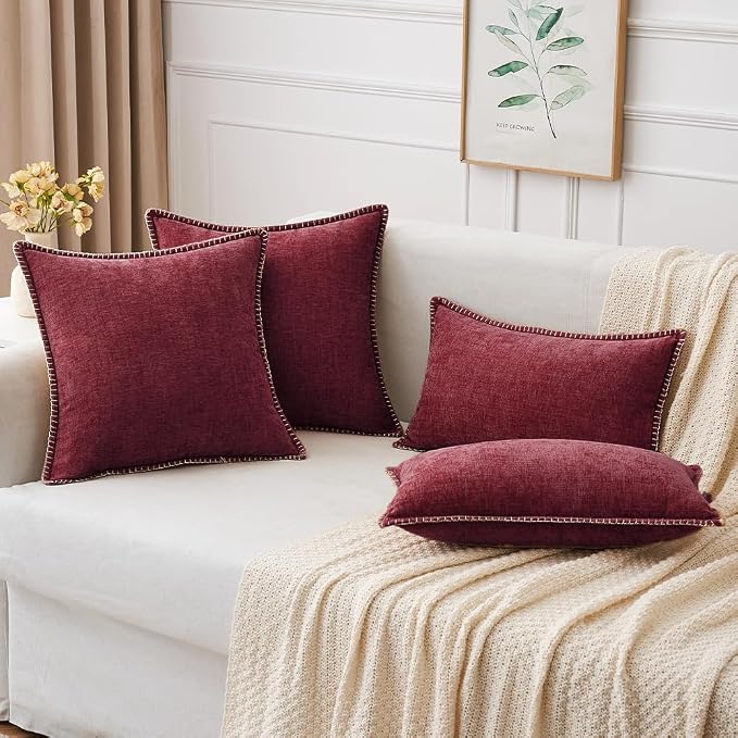 MIULEE Decorative Couch Throw Pillow Covers 18x18 Inch Burgundy Red 2 Pack | Farmhouse Pillow Covers with Stitched Edge, Soft Chenille Cushion Cases, for Sofa Bed Living Room Home Decor