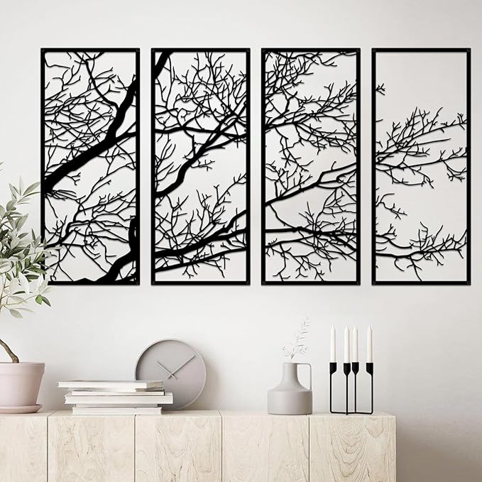 ESTART 4 Pieces Tree of Life Metal Wall Decor, Black Tree Branch Metal Wall Art, Tree Sign Wall Hangings for Home Garden Office Living Room Indoor Outdoor (Large)