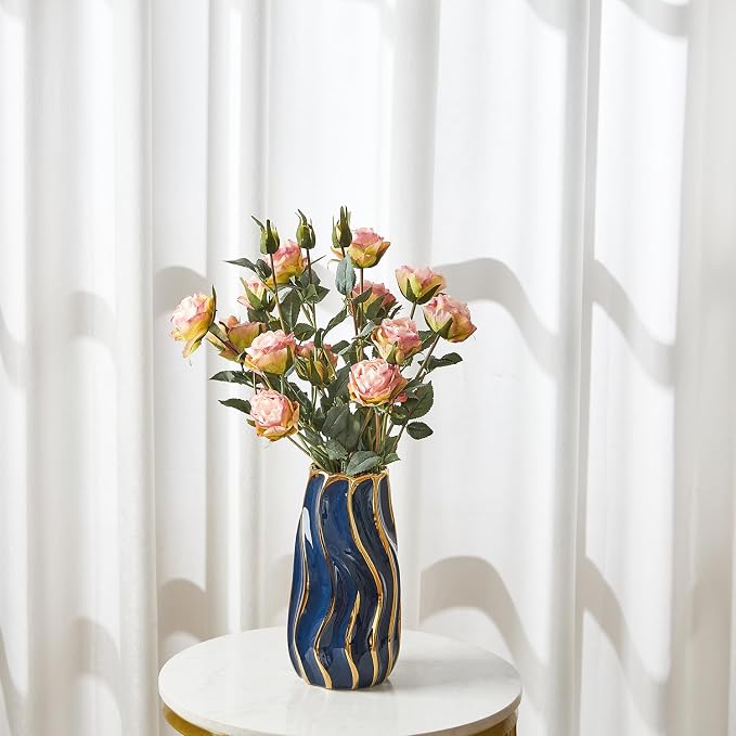 Ceramic Vase for Home Decor,Decorative Flower Vase, Vertical Stripe Ceramic Vases for Home Décor, Bedroom, Office, Living Room, Bathroom, Tabletop Decor, Centerpiece Table Decorations (Blue)