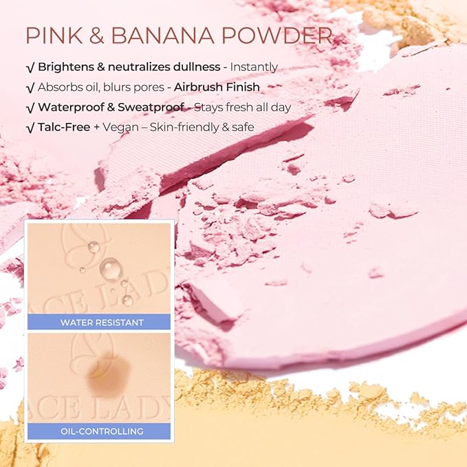 SACE LADY Face Powder Waterproof Setting Makeup, Talc-Free Oil Control Pressed Powder Compact for Women, Blurring Pores Matte Long Lasting Up to 24 Hours, Cruelty-Free (#05 Pink, 0.35Oz)