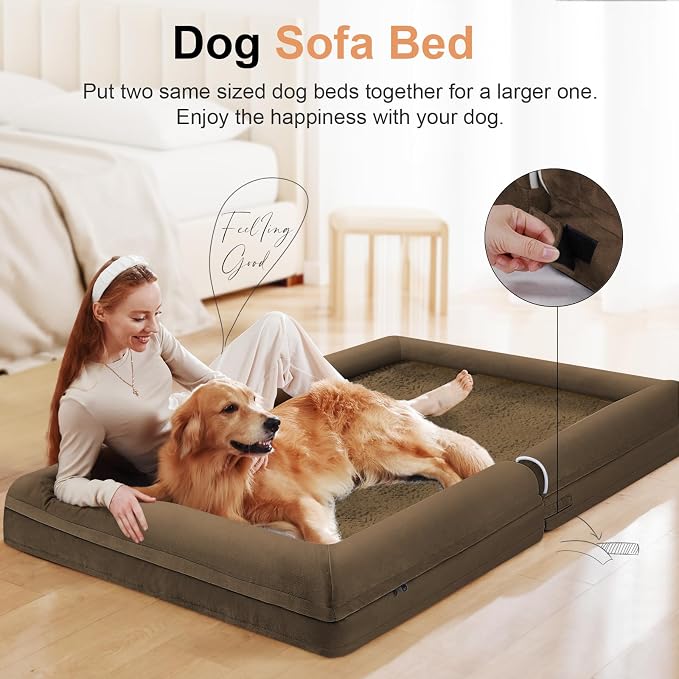 Orthopedic Dog Bed for XX-Large Dogs, 44 x 34 Inch, Dark Coffee | Egg crate foam for joint support, 3-sided bolster pet sofa, waterproof lining, washable cover, and non-skid base