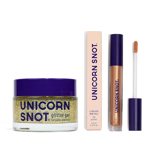 UNICORN SNOT Glitter Gel & Glitter Liquid Metal Lip Paint Bundle - Makeup for Festivals, Raves, Anime Cosplay - Safe for Face, Easy Application & Removal (Bling & Dune)