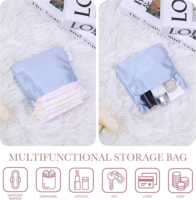 DGAZ silk Sanitary Napkin Storage Bag, Period Bag for Teen Aged Girls, Portable Period Bag for Panty Liners/Menstrual Cup/Small Tampons，Mini Makeup Bag for Purse(Celeste)