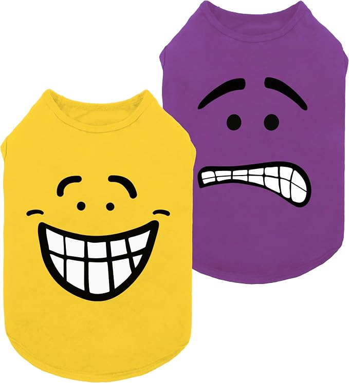 Fitwarm 2 Pack Happy Scary Expression Dog Shirt, Funny Clothes for Small Dogs Boy Girl, Pet Outfit, Yellow, Purple, XL