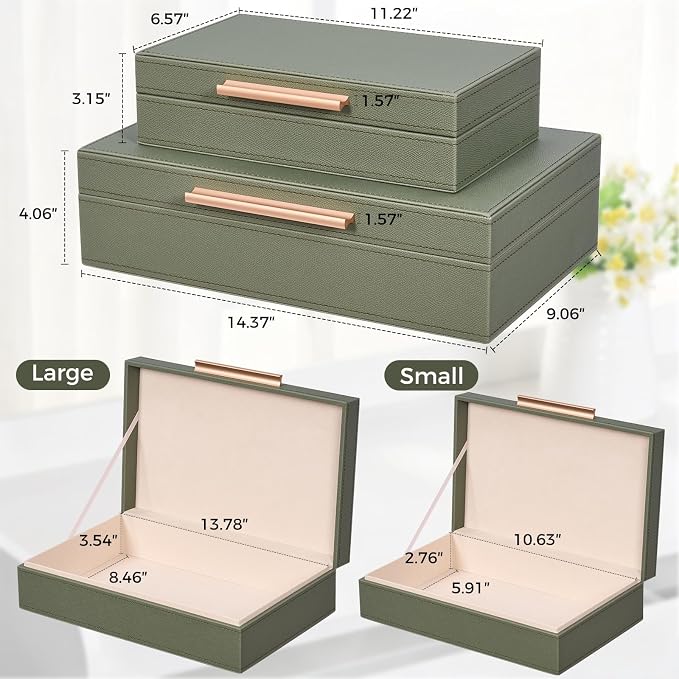 Decorative Box, Decorative Boxes with Lids 2-Set, Memory Box for Keepsakes | Beautiful PU Leather Decorative Storage Boxes in Style, Decor Box with Rose Metal Handle, Store Photos, Documents Green