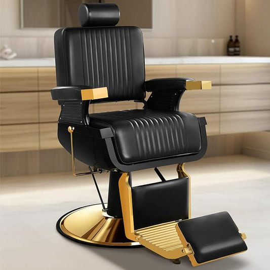 Barber Chair, Heavy Duty Reclining Barbershop Chair for Hair Stylist with Footrest and Headrest, Adjustable 360° Swivel All Purpose Hydraulic Salon Chair for Home Spa Beauty, Black Gold